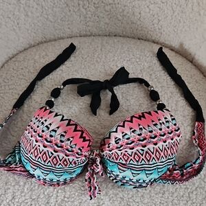 Tropical Aztec Print Push-Up Bikini Top - Pink & Aqua